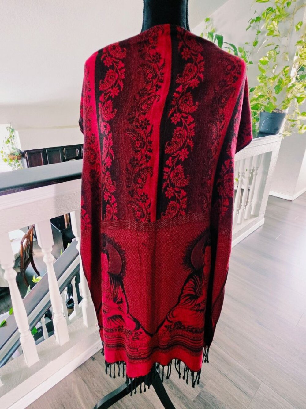 Buddha Pattern Red & Black Rayon Shawl Scarf Wrap With Fringe - 70" x 26" - Picture 5 of 12